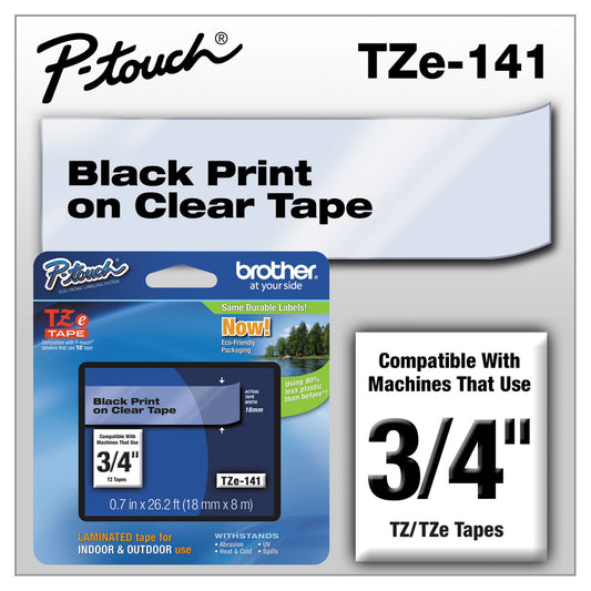 Brother TZe Standard Adhesive Laminated Labeling Tape, 0.7" x 26.2 ft, Black on Clear (TZE141)