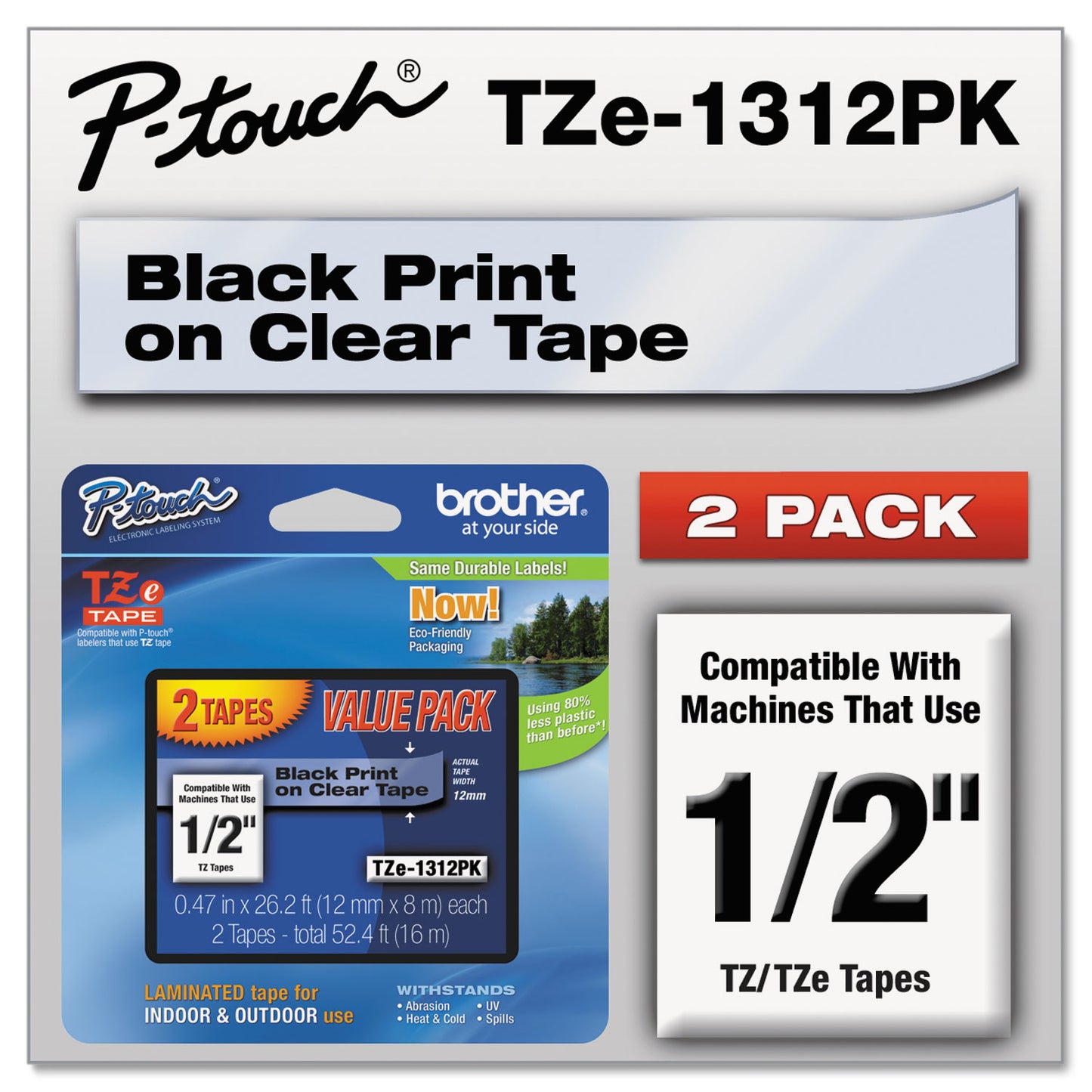 Brother TZe Standard Adhesive Laminated Labeling Tapes, 0.47" x 26.2 ft, Black on Clear, 2/Pack (TZE1312PK)