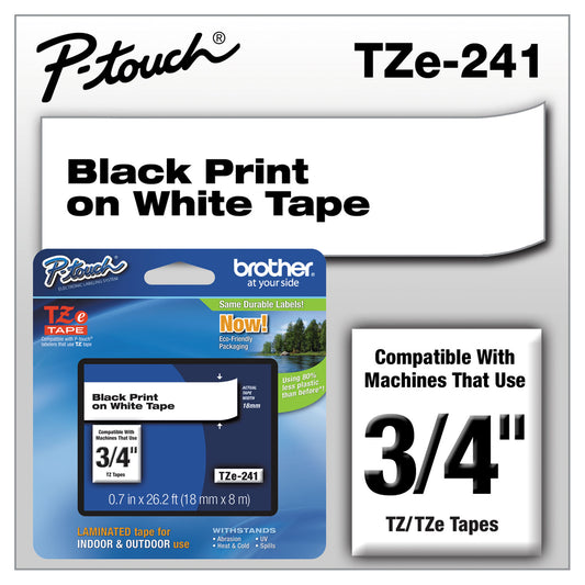 Brother TZe Standard Adhesive Laminated Labeling Tape, 0.7" x 26.2 ft, Black on White (TZE241)