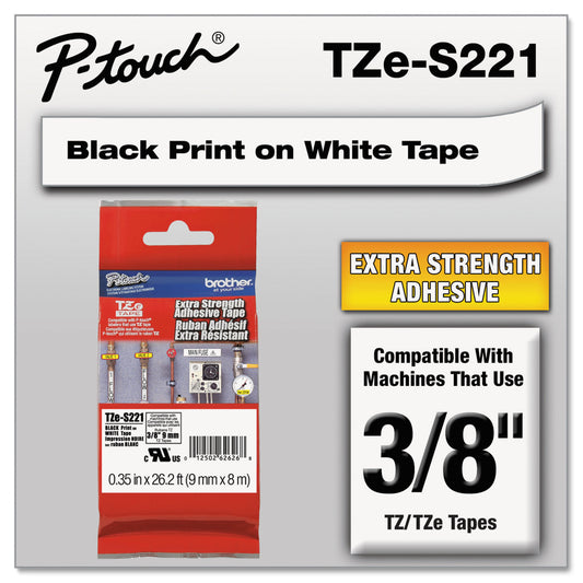 Brother TZe Extra-Strength Adhesive Laminated Labeling Tape, 0.35" x 26.2 ft, Black on White (TZES221)