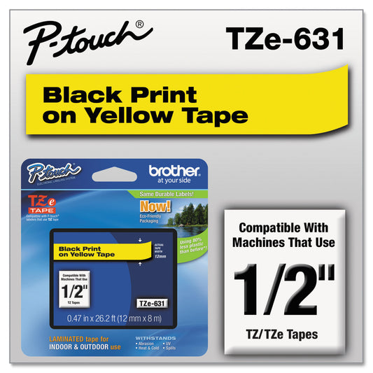 Brother TZe Standard Adhesive Laminated Labeling Tape, 0.47" x 26.2 ft, Black on Yellow (TZE631)