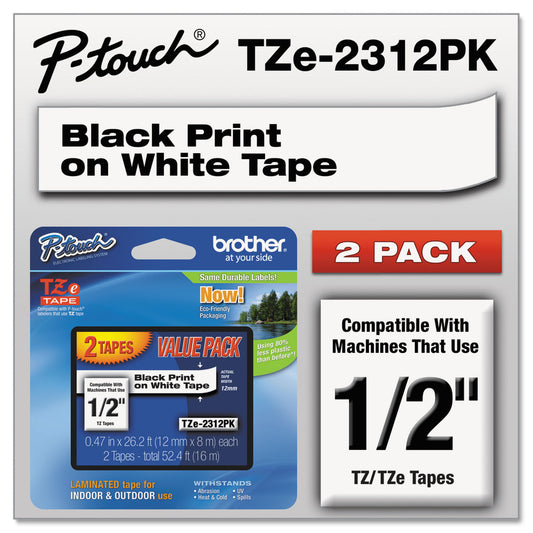 Brother TZe Standard Adhesive Laminated Labeling Tapes, 0.47" x 26.2 ft, Black on White, 2/Pack (TZE2312PK)