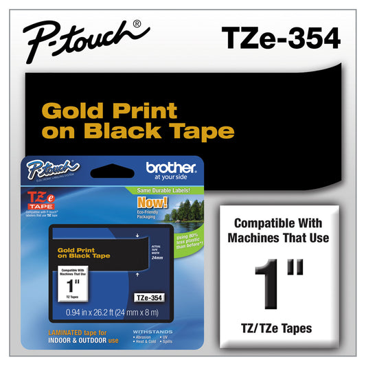 Brother TZe Standard Adhesive Laminated Labeling Tape, 0.94" x 26.2 ft, Gold on Black (TZE354)