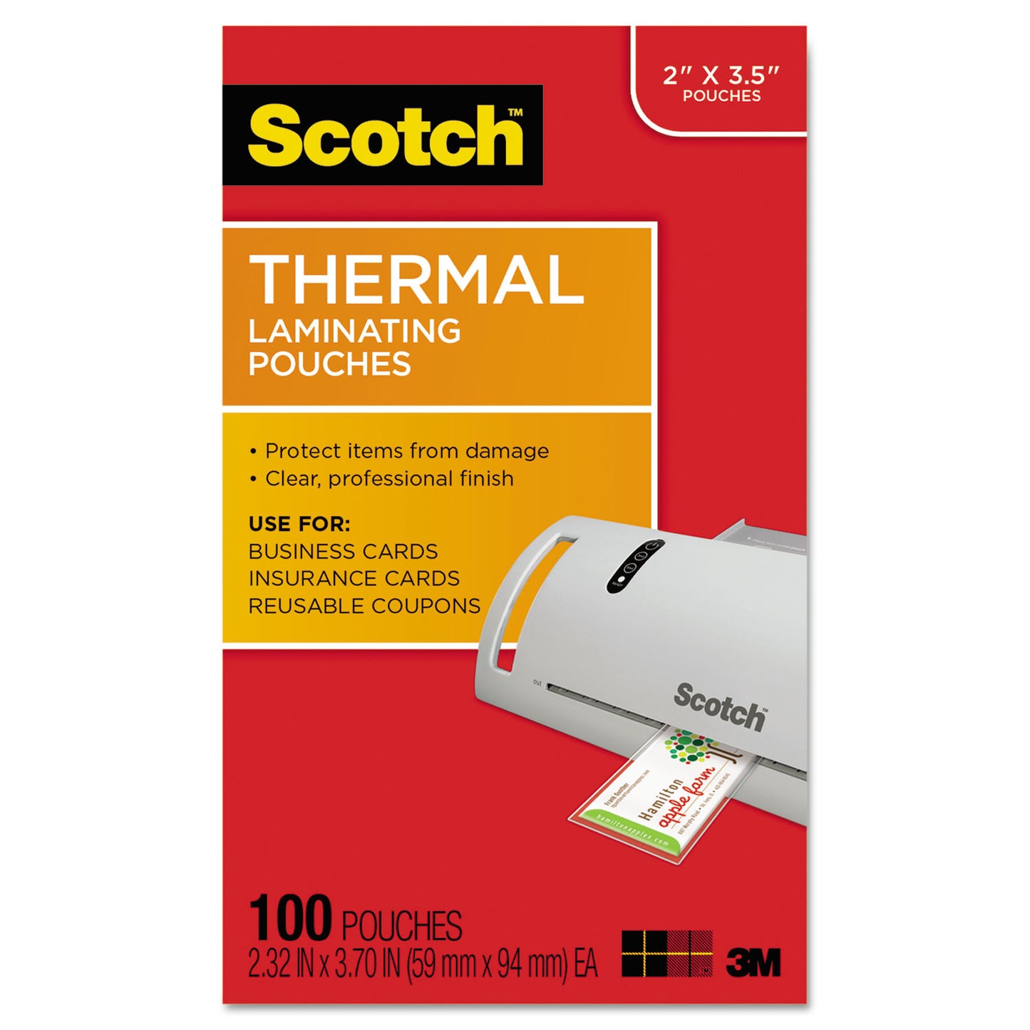 Scotch Laminating Pouches, 5 mil, 3.75" x 2.38", Gloss Clear, 100/Pack (TP5851100)