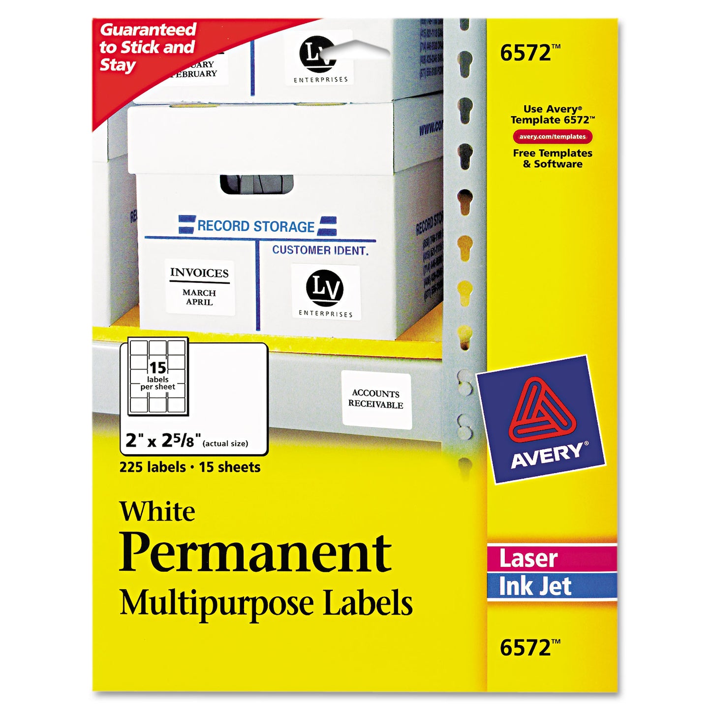 Avery Permanent ID Labels w/ Sure Feed Technology, Inkjet/Laser Printers, 2 x 2.63, White, 15/Sheet, 15 Sheets/Pack (6572) - 5 Pack