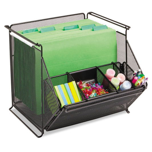 Safco Onyx Stackable Mesh Storage Bin, 4 Compartments, Steel Mesh, 14 x 15.5 x 11.75, Black (2164BL)