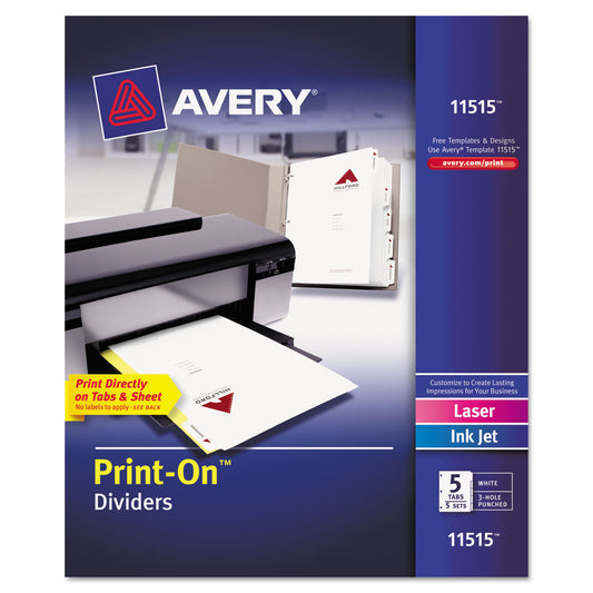 Avery Customizable Print-On Dividers, 3-Hole Punched, 5-Tab, 11 x 8.5, White, 5 Sets (11515)