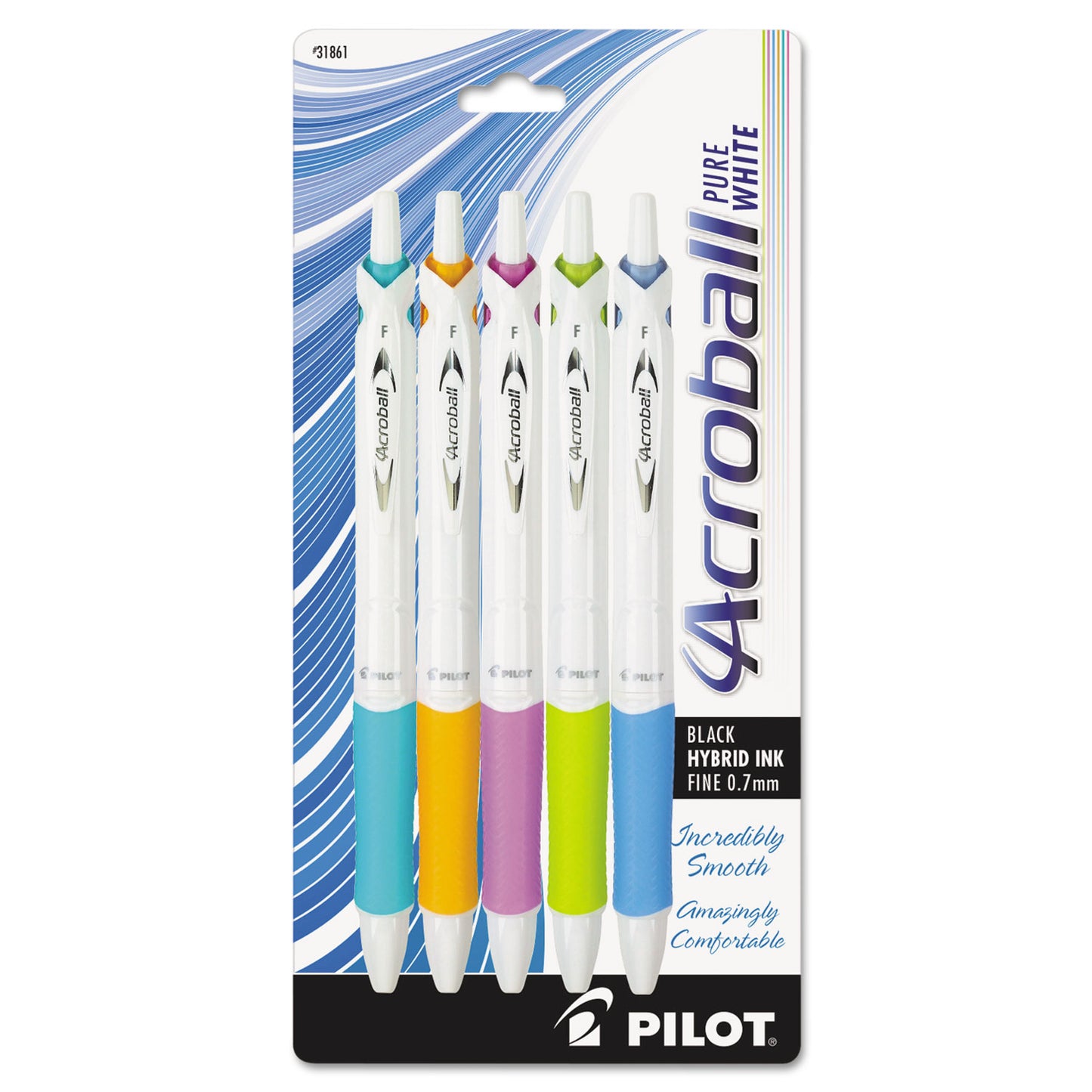 Pilot Acroball PureWhite Advanced Ink Hybrid Gel Pen, Retractable, Fine 0.7 mm, Black Ink, Assorted Barrel Colors, 5/Pack (31861)