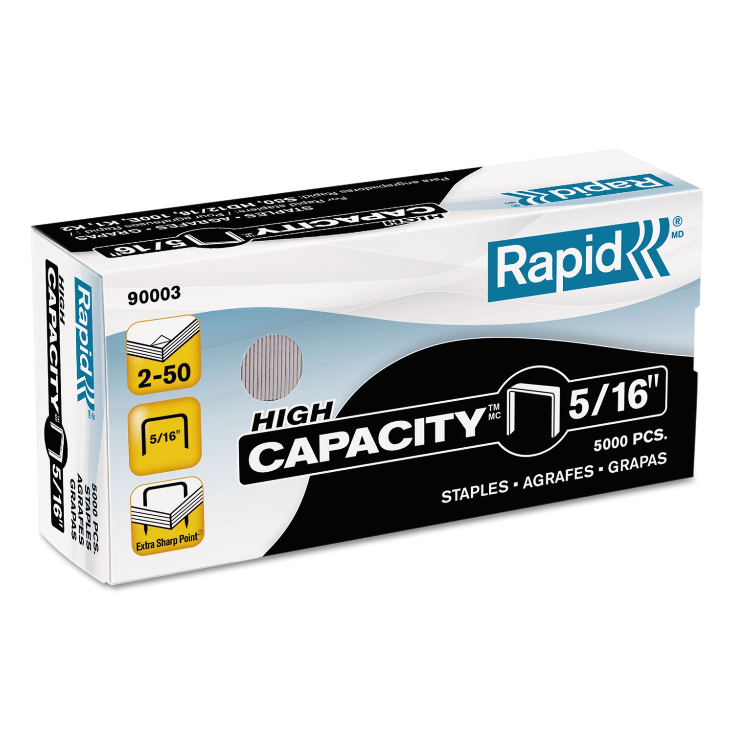 Rapid High Capacity Staples, 0.31" Leg, 0.5" Crown, Steel, 5,000/Box (90003)