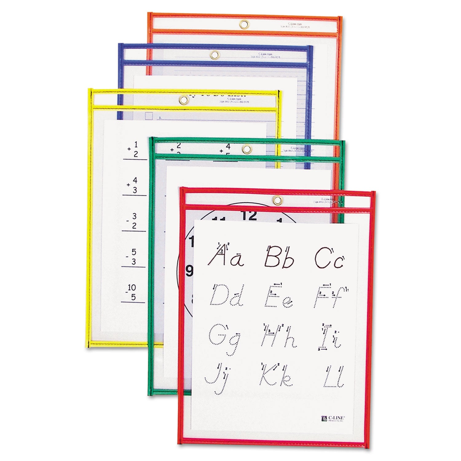 C-Line Reusable Dry Erase Pockets, 9 x 12, Assorted Primary Colors, 5/Pack (40630)
