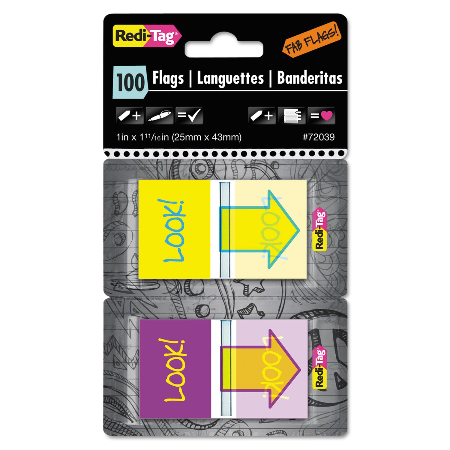 Redi-Tag Pop-Up Fab Page Flags w/Dispenser, "Look!", Purple/Yellow