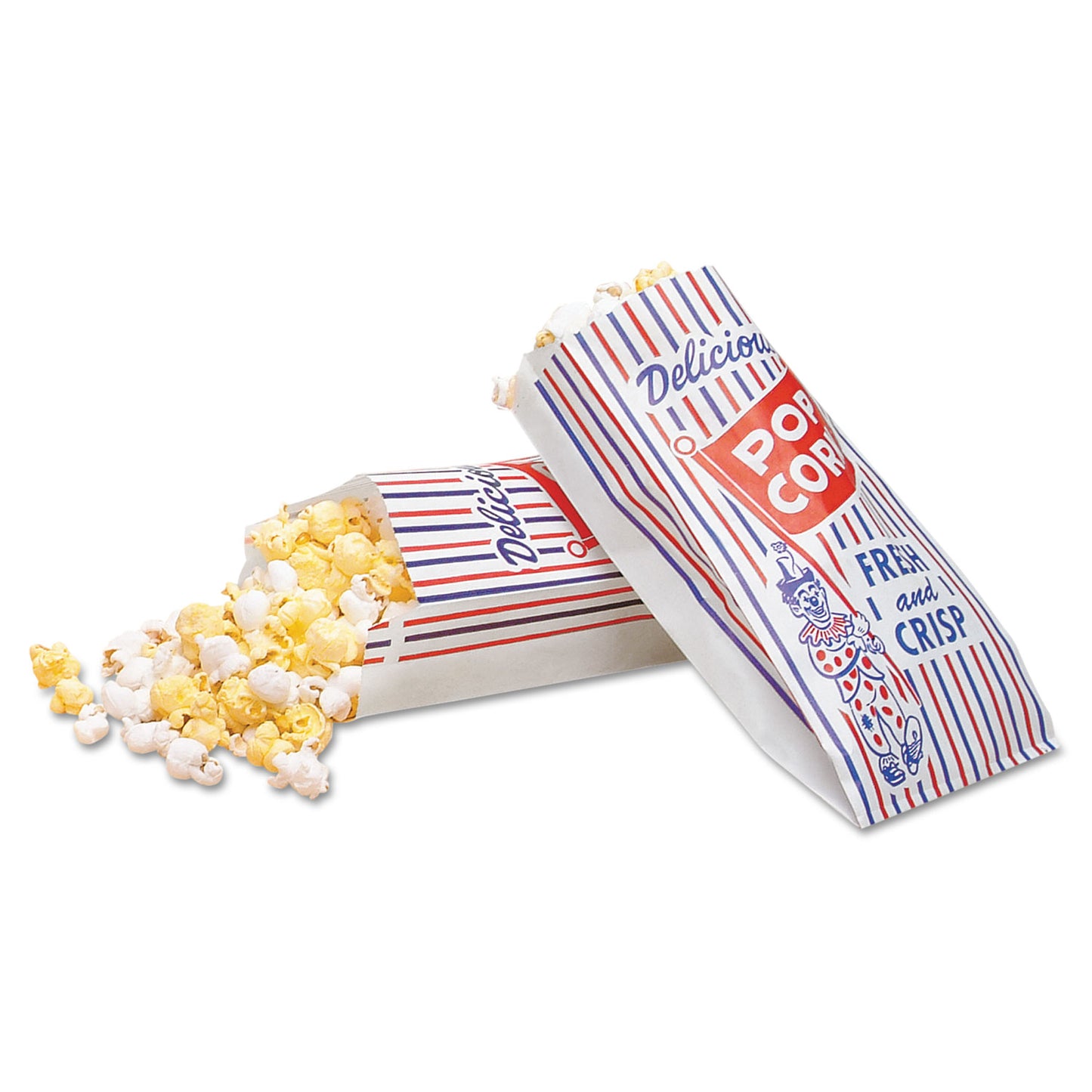 Bagcraft Pinch-Bottom Paper Popcorn Bag, Delicious Popcorn: Circus Clown Icon Labeling, 4" x 1.5" x 8", Red/White/Blue, 1,000/Carton (300471)