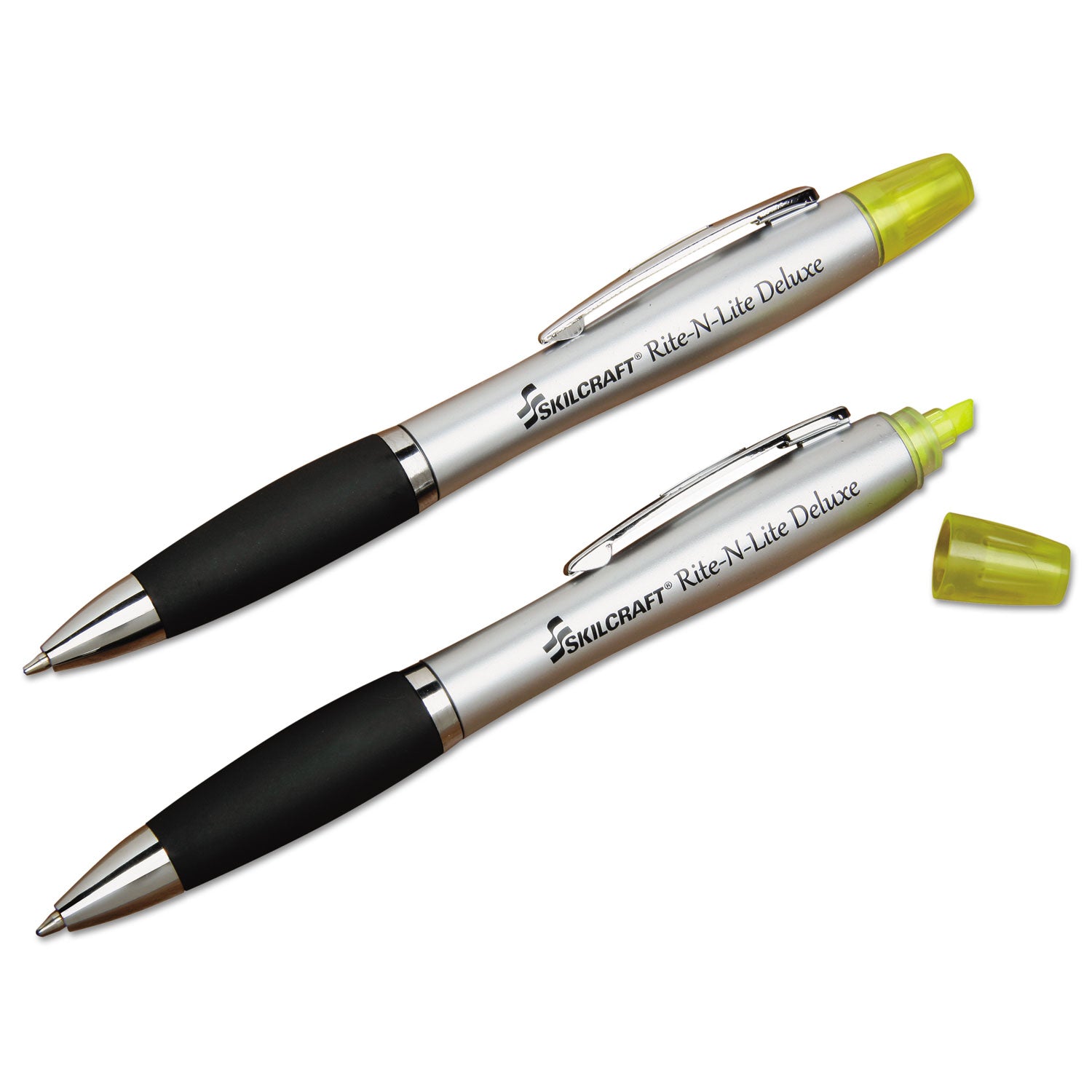 AbilityOne 7520016206416, SKILCRAFT Rite-N-Lite Deluxe, Fluorescent Yellow/Black Ink, Chisel/Conical Tips, Silver/Black Barrel, Dozen