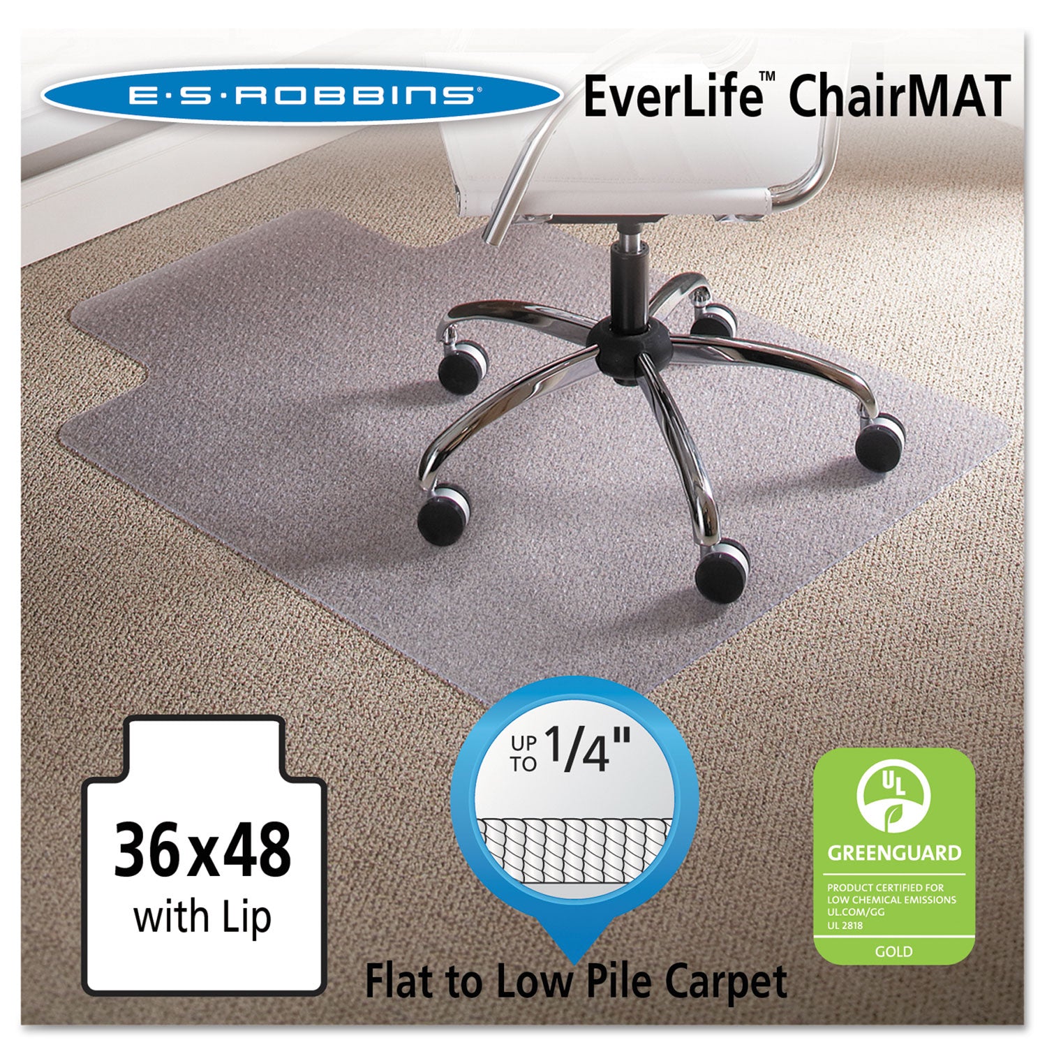 ES Robbins EverLife Light Use Chair Mat for Flat to Low Pile Carpet, Rectangular with Lip, 36 x 48, Clear (120023)