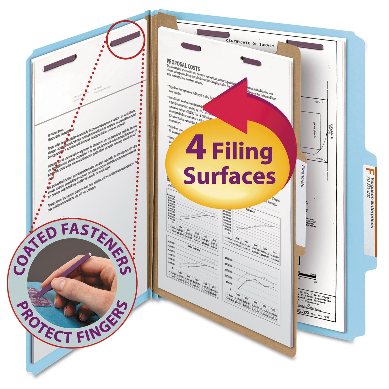 Smead Four-Section Pressboard Top Tab Classification Folders, Four SafeSHIELD Fasteners, 1 Divider, Letter Size, Blue, 10/Box (13730)