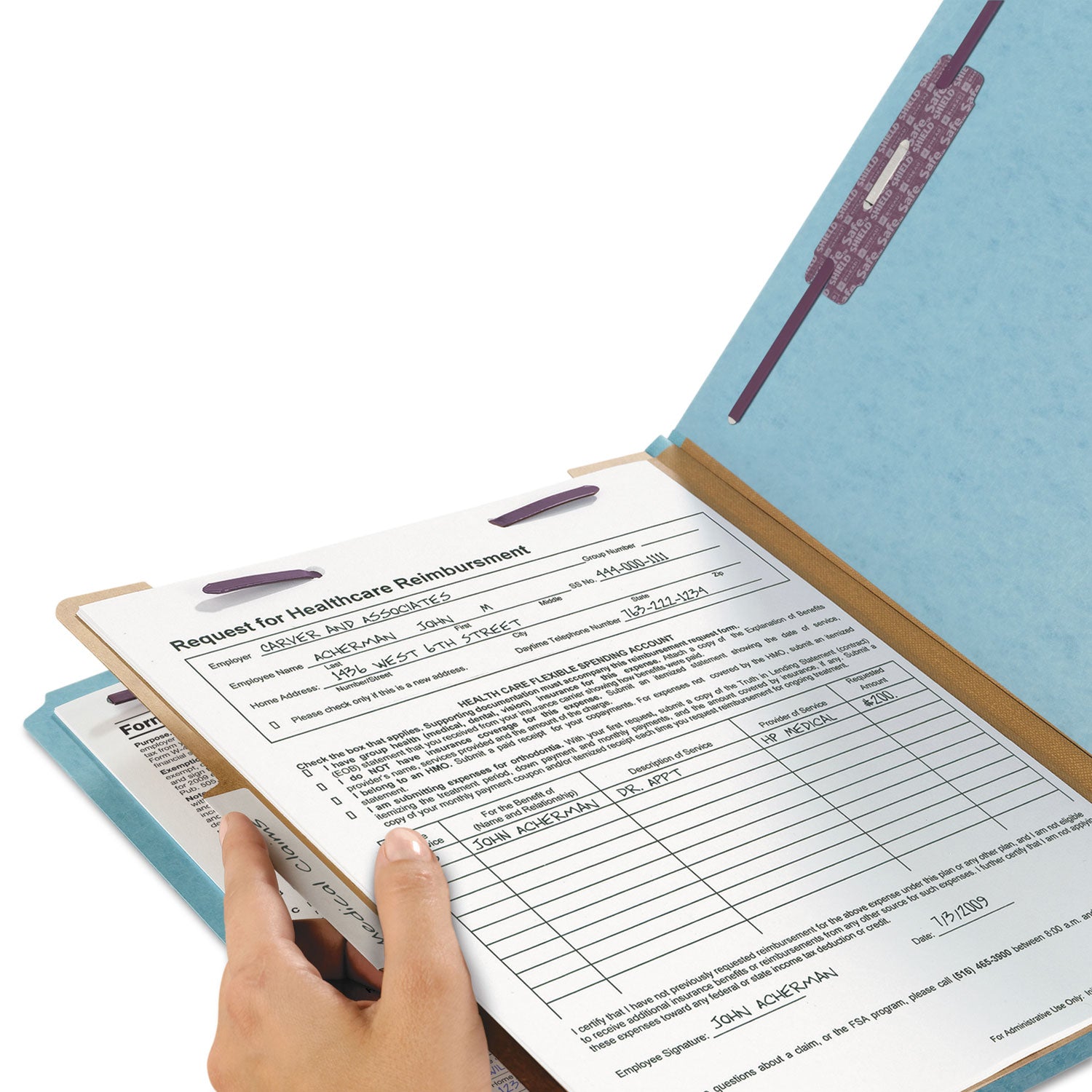 Smead Four-Section Pressboard Top Tab Classification Folders, Four SafeSHIELD Fasteners, 1 Divider, Letter Size, Blue, 10/Box (13730)