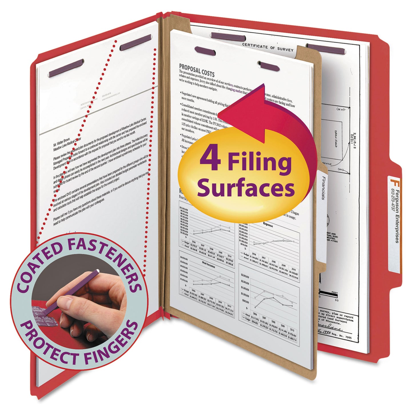 Smead Four-Section Pressboard Top Tab Classification Folders, Four SafeSHIELD Fasteners, 1 Divider, Letter Size, Bright Red, 10/Box (13731)