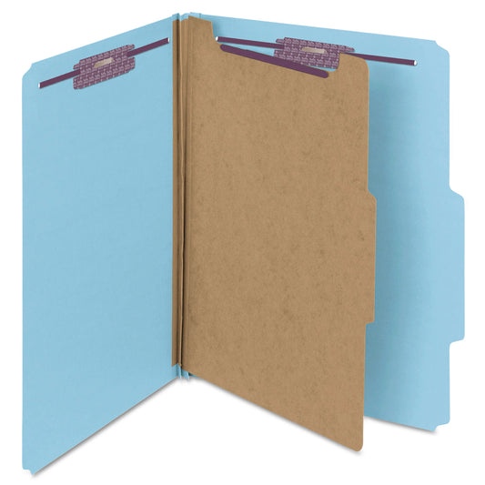 Smead Four-Section Pressboard Top Tab Classification Folders, Four SafeSHIELD Fasteners, 1 Divider, Letter Size, Blue, 10/Box (13730)