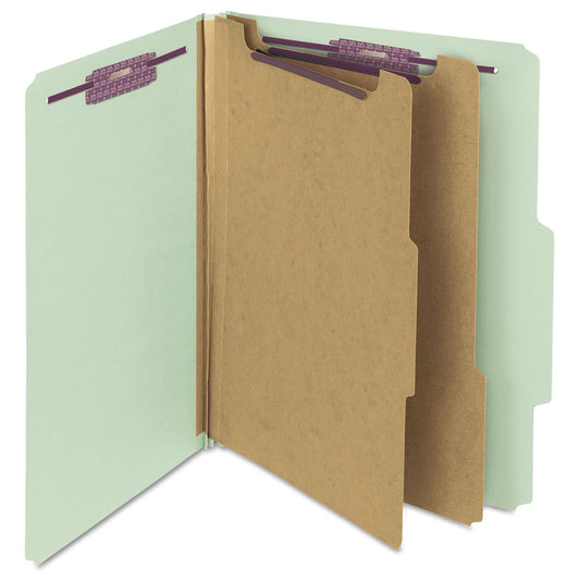 Smead Pressboard Classification Folders, Six SafeSHIELD Fasteners, 2/5-Cut Tabs, 2 Dividers, Letter Size, Gray-Green, 10/Box (14076)