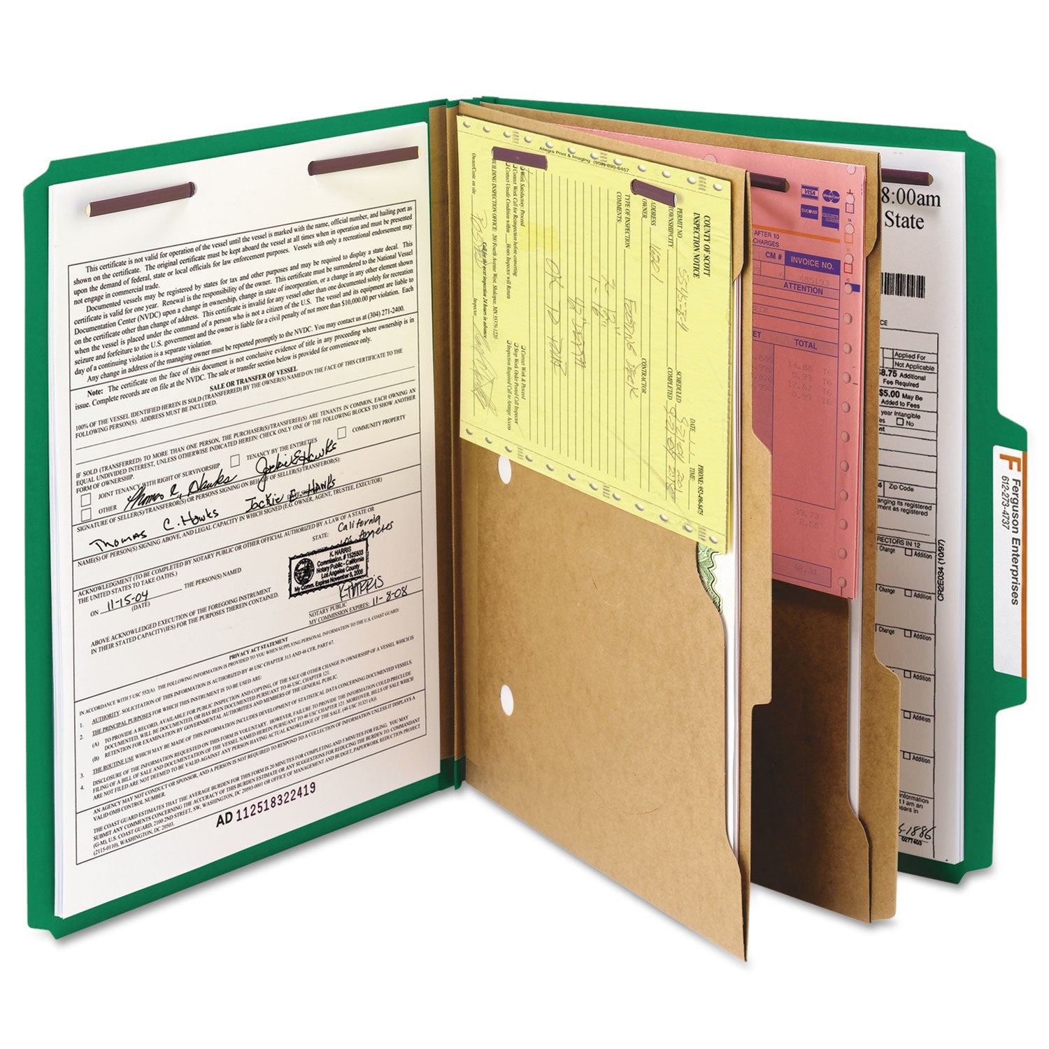 Smead 6-Section Pressboard Top Tab Pocket Classification Folders, 6 SafeSHIELD Fasteners, 2 Dividers, Letter Size, Green, 10/Box (14083)
