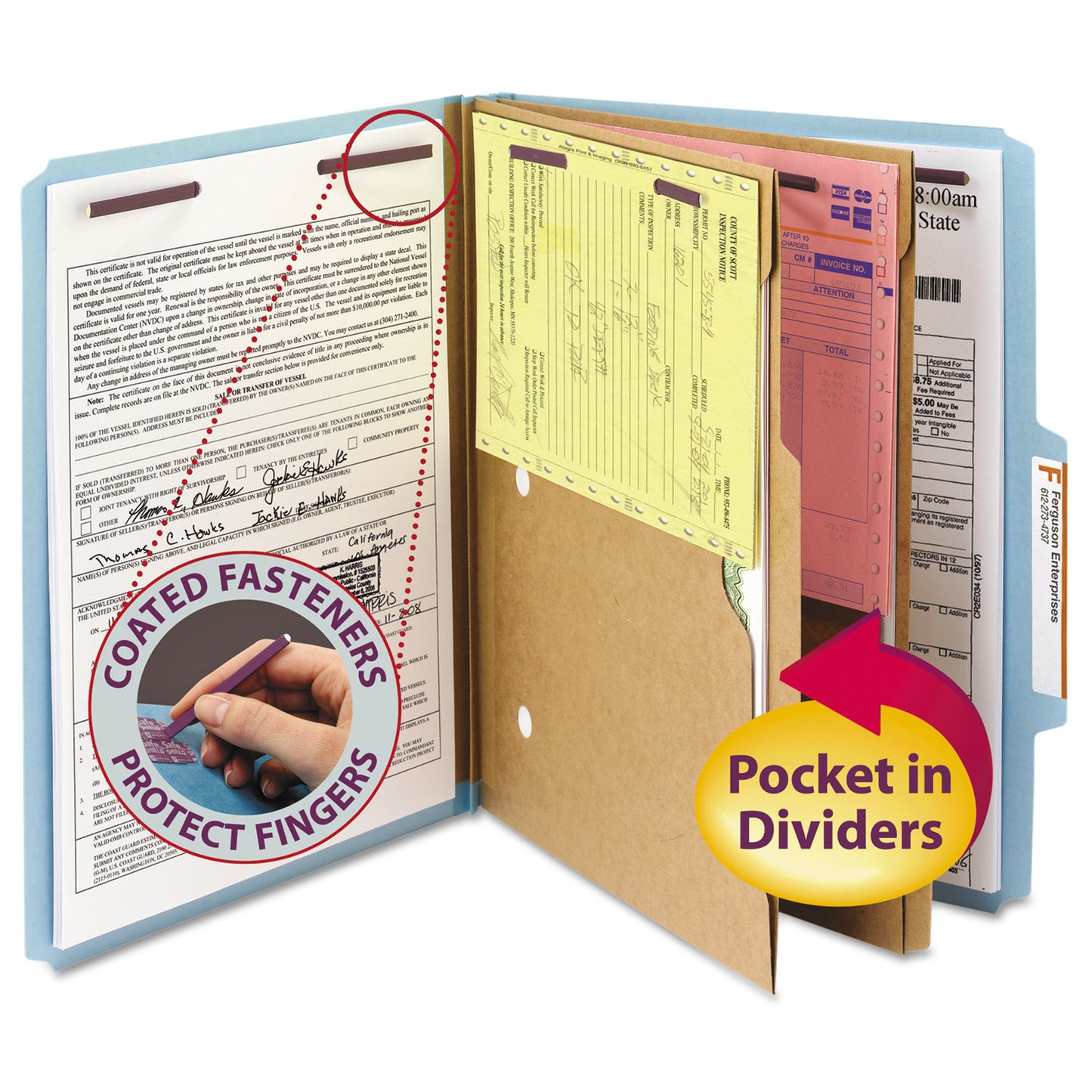 Smead 6-Section Pressboard Top Tab Pocket Classification Folders, 6 SafeSHIELD Fasteners, 2 Dividers, Letter Size, Blue, 10/Box (14081)