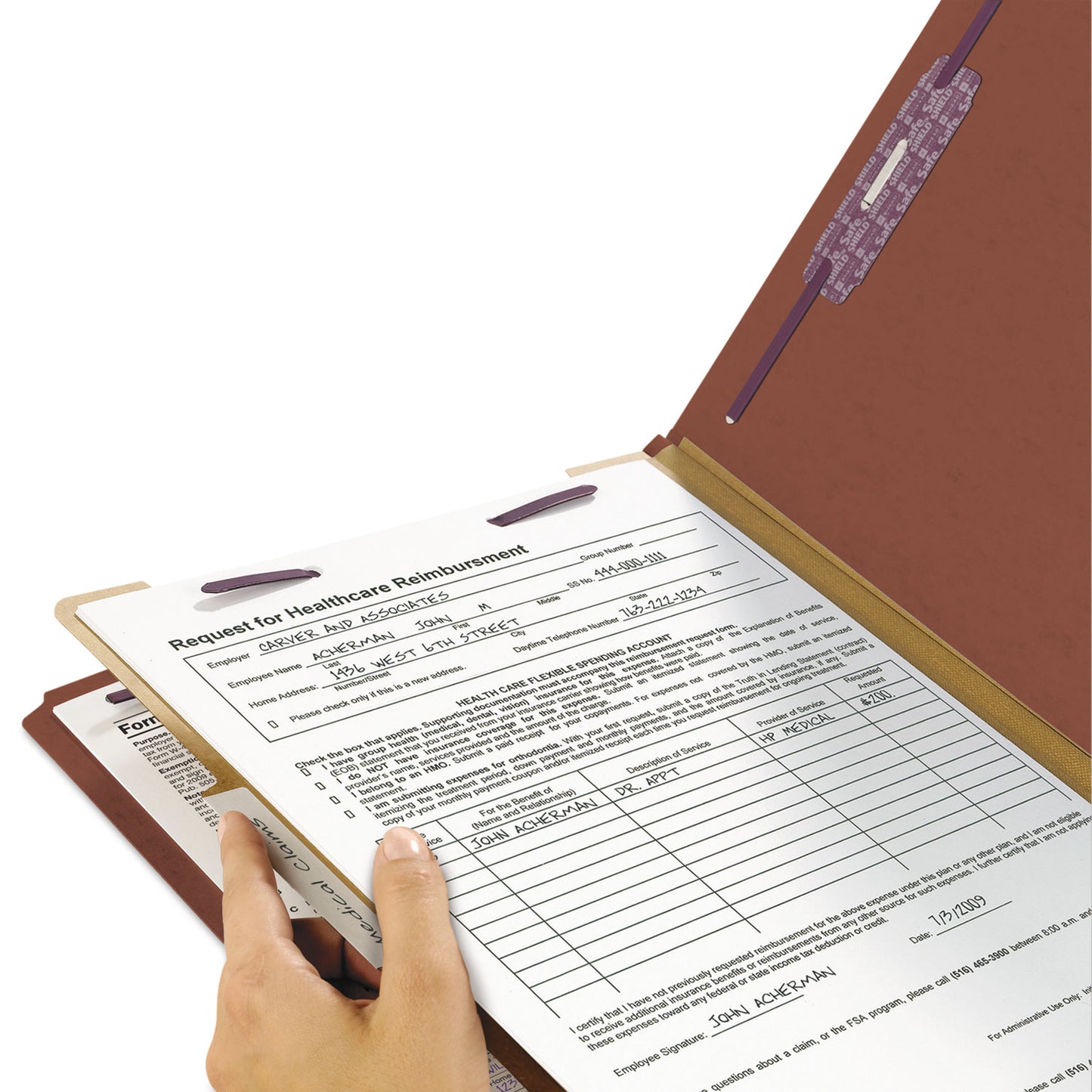 Smead Pressboard Classification Folders, Four SafeSHIELD Fasteners, 2/5-Cut Tabs, 1 Divider, Letter Size, Red, 10/Box (13775)