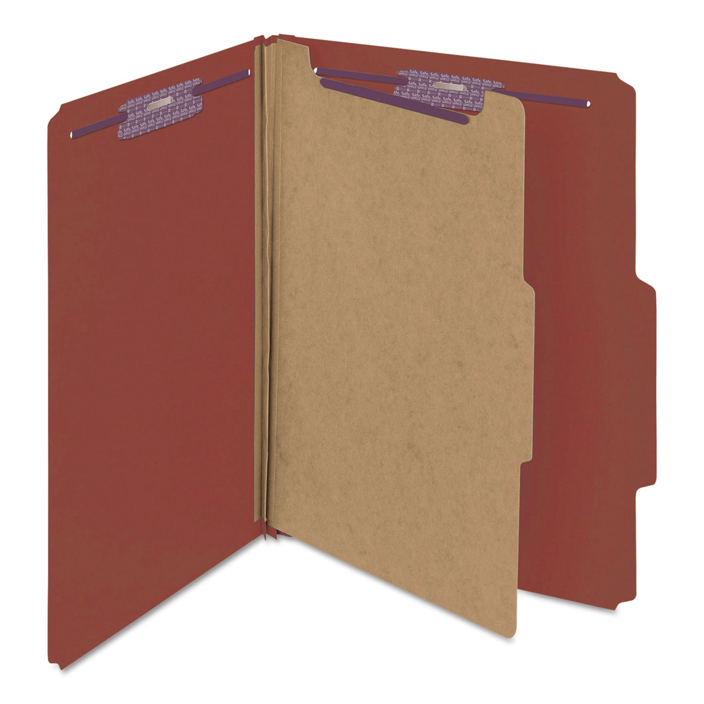 Smead Pressboard Classification Folders, Four SafeSHIELD Fasteners, 2/5-Cut Tabs, 1 Divider, Letter Size, Red, 10/Box (13775)