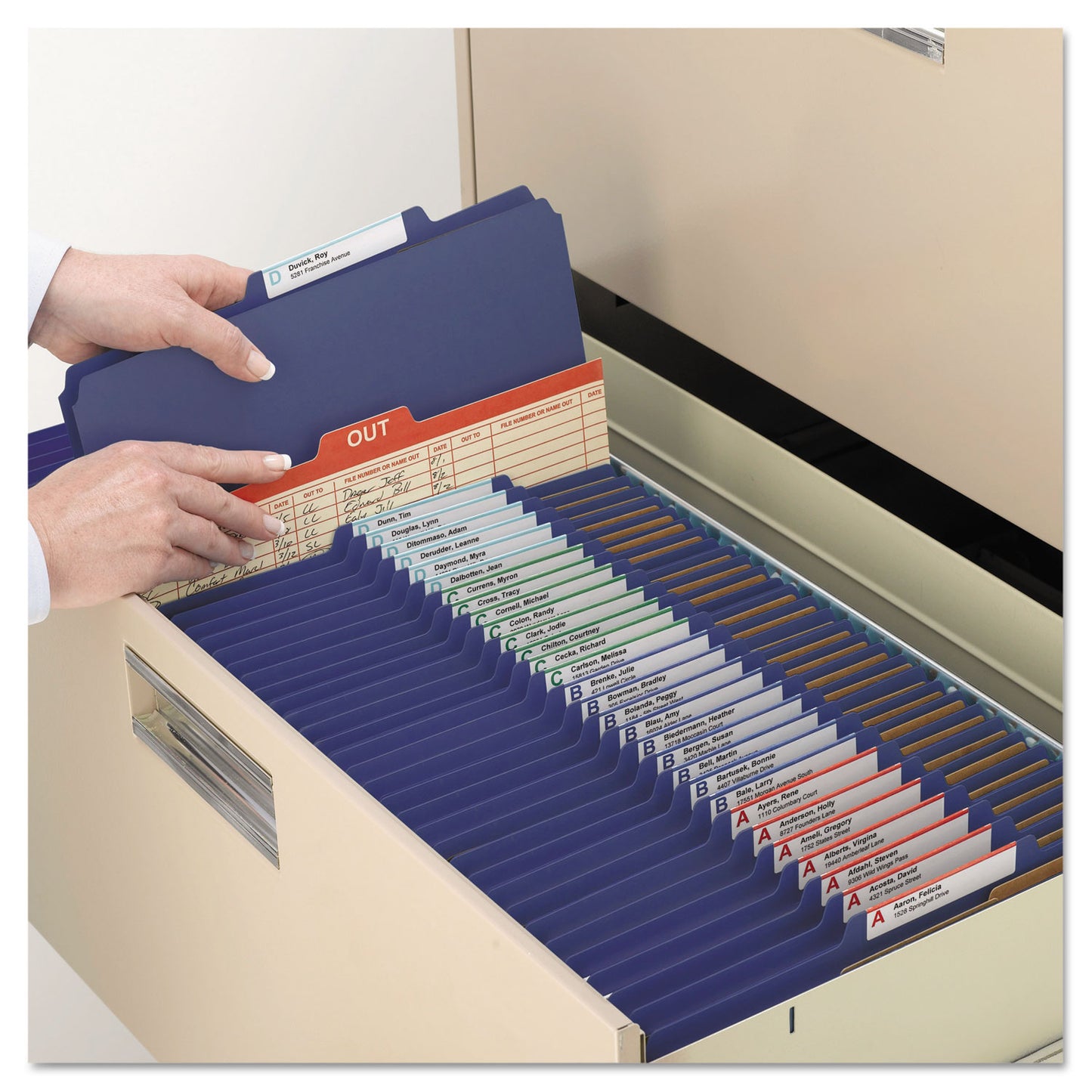 Smead 6-Section Pressboard Top Tab Pocket Classification Folders, 6 SafeSHIELD Fasteners, 2 Dividers, Letter Size, Dark Blue, 10/BX (14077)