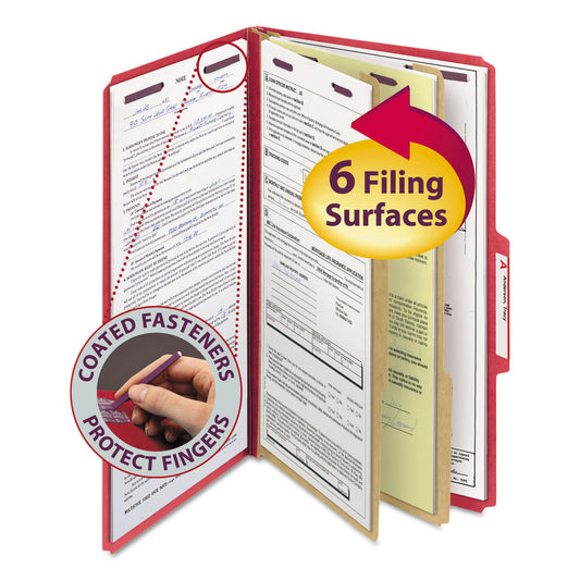 Smead Six-Section Pressboard Top Tab Classification Folders, Six SafeSHIELD Fasteners, 2 Dividers, Legal Size, Bright Red, 10/Box (19031)