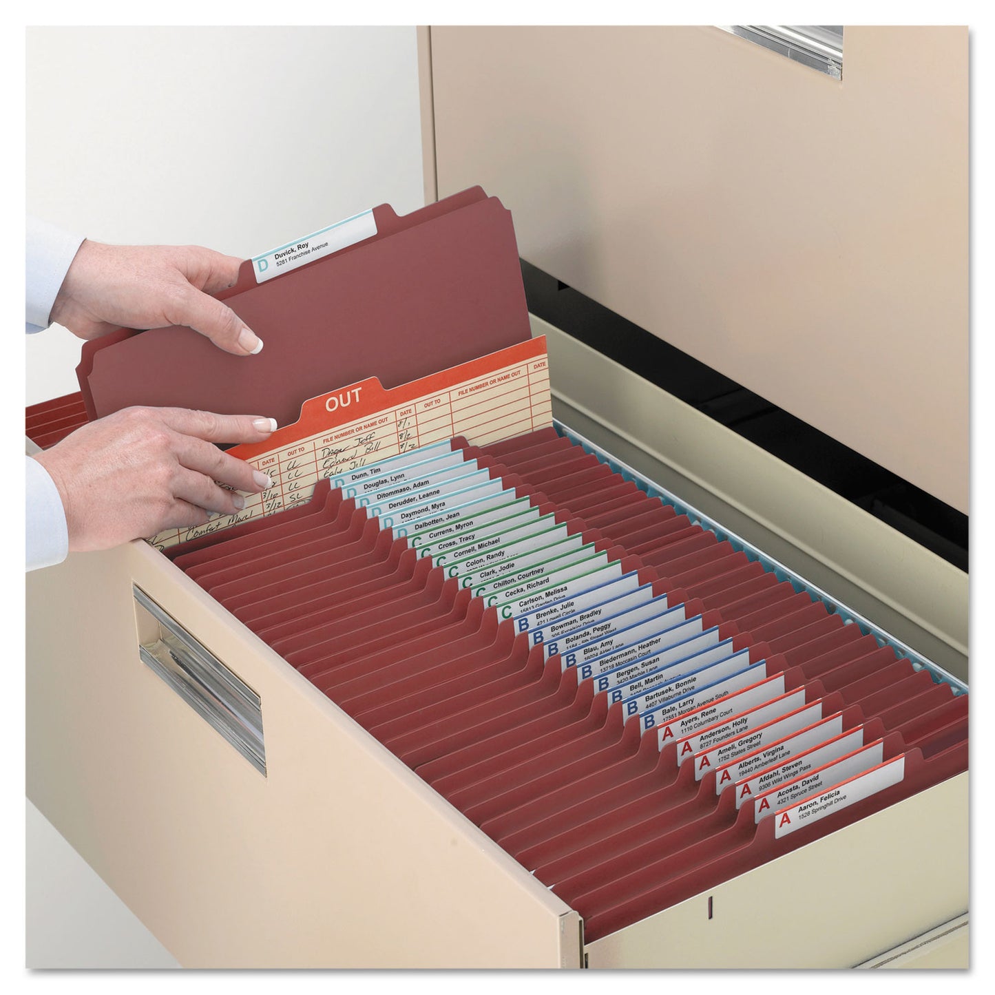 Smead Pressboard Classification Folders, Six SafeSHIELD Fasteners, 2/5-Cut Tabs, 2 Dividers, Letter Size, Red, 10/Box (14075)