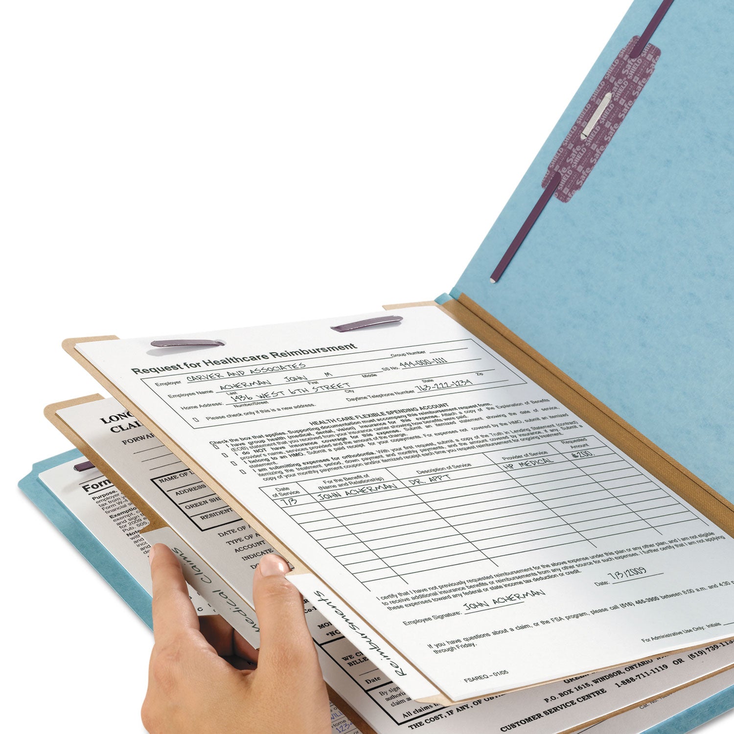 Smead Six-Section Pressboard Top Tab Classification Folders, Six SafeSHIELD Fasteners, 2 Dividers, Letter Size, Blue, 10/Box (14030)