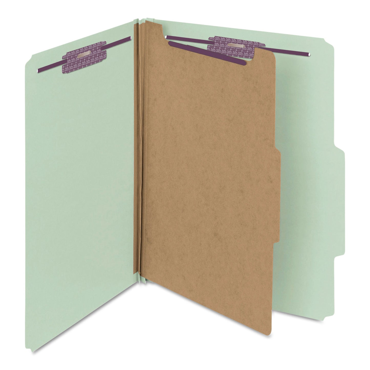 Smead Pressboard Classification Folders, Four SafeSHIELD Fasteners, 2/5-Cut Tabs, 1 Divider, Letter Size, Gray-Green, 10/Box (13776)