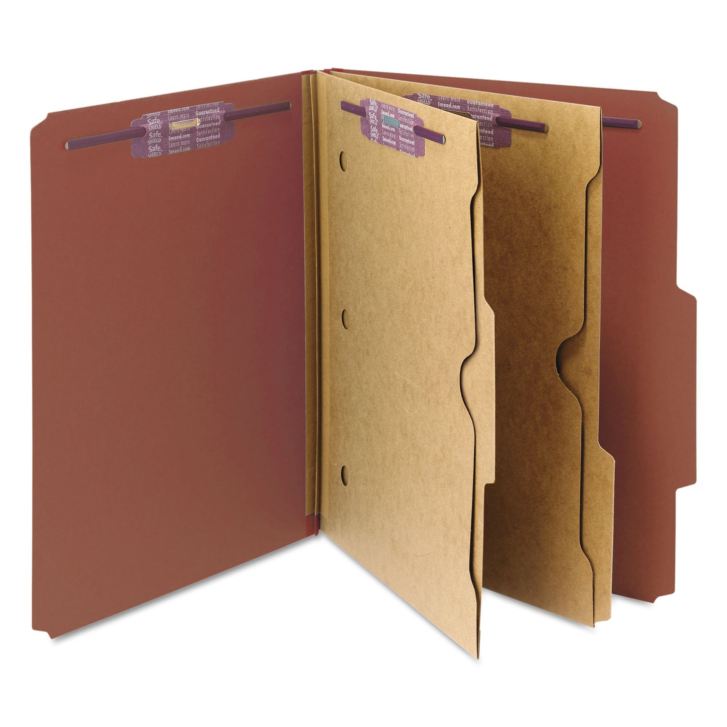 Smead 6-Section Pressboard Top Tab Pocket Classification Folders, 6 SafeSHIELD Fasteners, 2 Dividers, Letter Size, Red, 10/Box (14079)