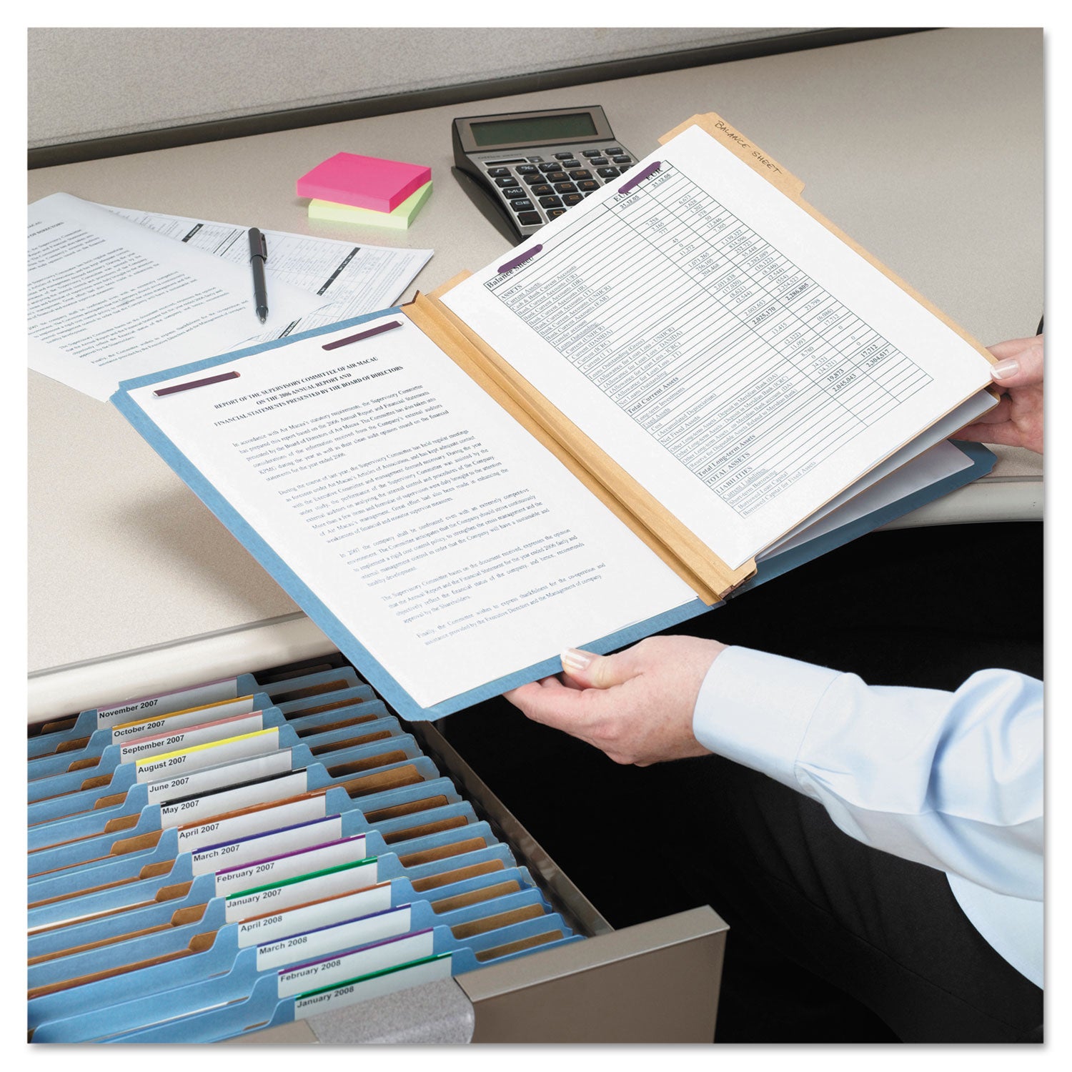 Smead Six-Section Pressboard Top Tab Classification Folders, Six SafeSHIELD Fasteners, 2 Dividers, Letter Size, Blue, 10/Box (14030)
