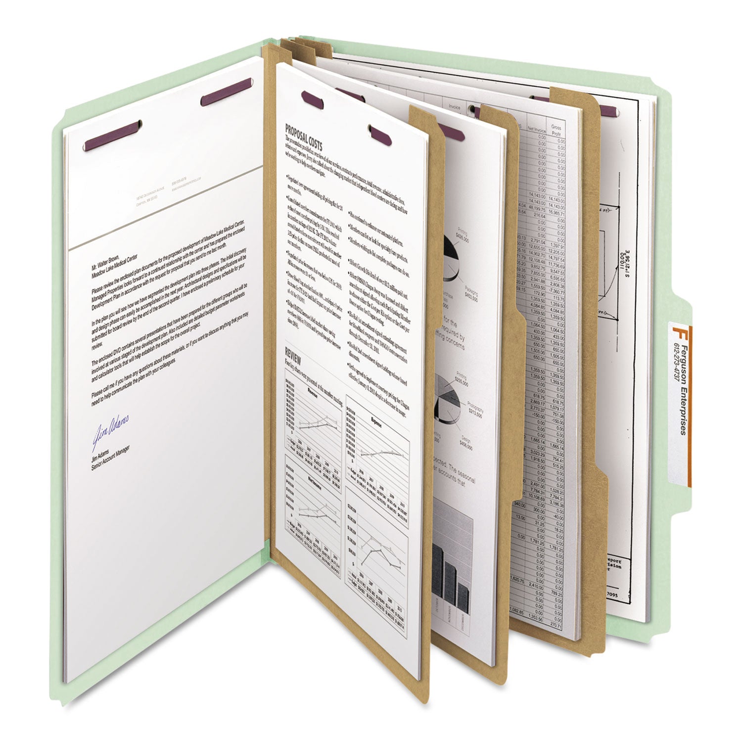 Smead Pressboard Classification Folders, Eight SafeSHIELD Fasteners, 2/5-Cut Tabs, 3 Dividers, Letter Size, Gray-Green, 10/Box (14091)