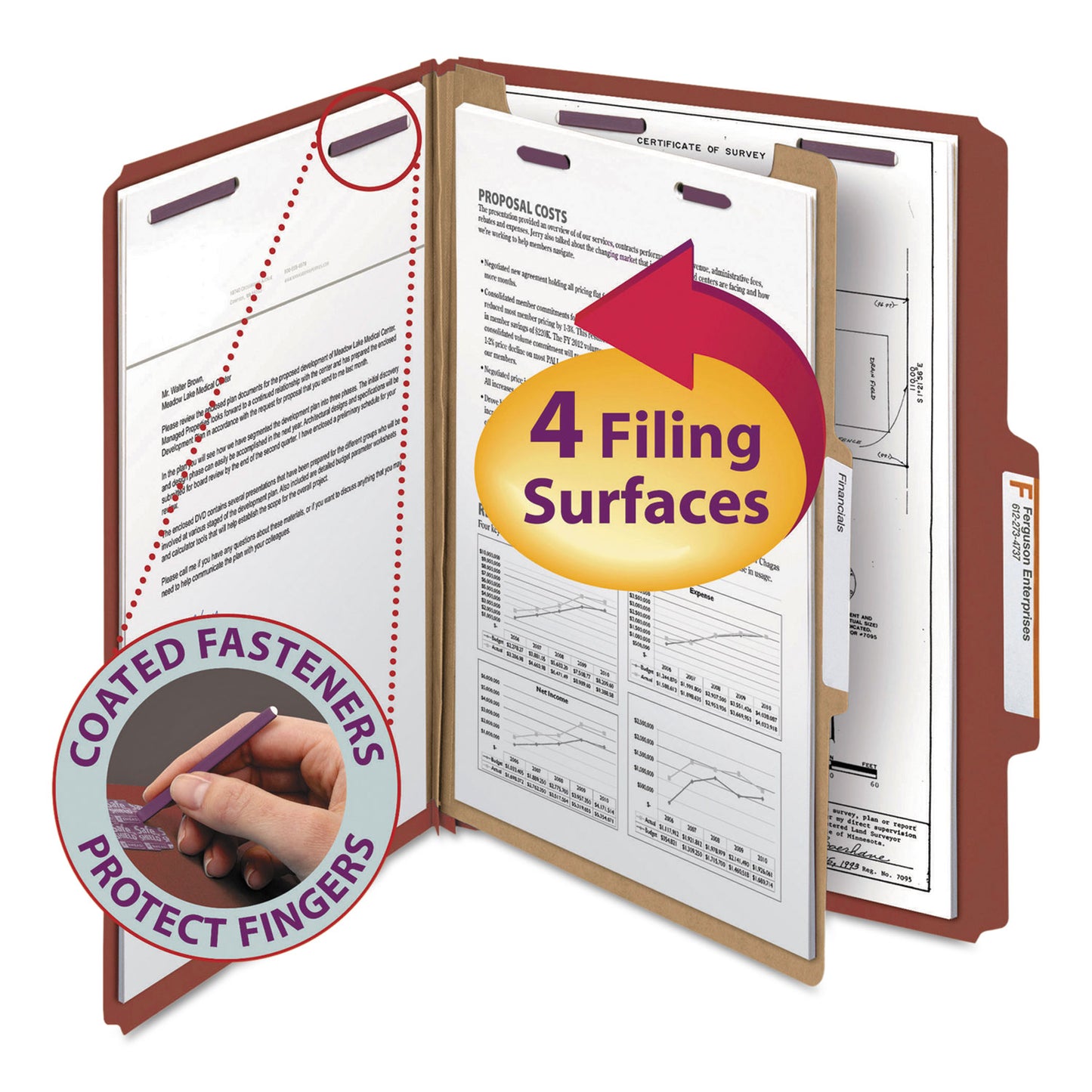 Smead Pressboard Classification Folders, Four SafeSHIELD Fasteners, 2/5-Cut Tabs, 1 Divider, Letter Size, Red, 10/Box (13775)