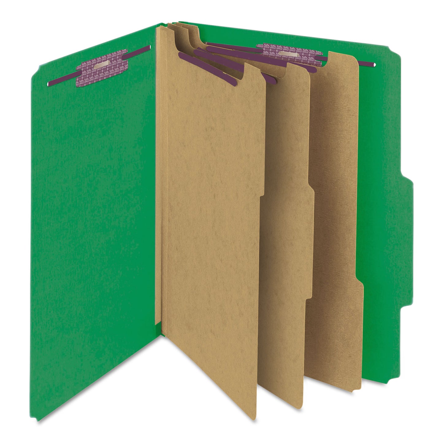 Smead Eight-Section Pressboard Top Tab Classification Folders, Eight SafeSHIELD Fasteners, 3 Dividers, Letter Size, Green, 10/Box (14097)
