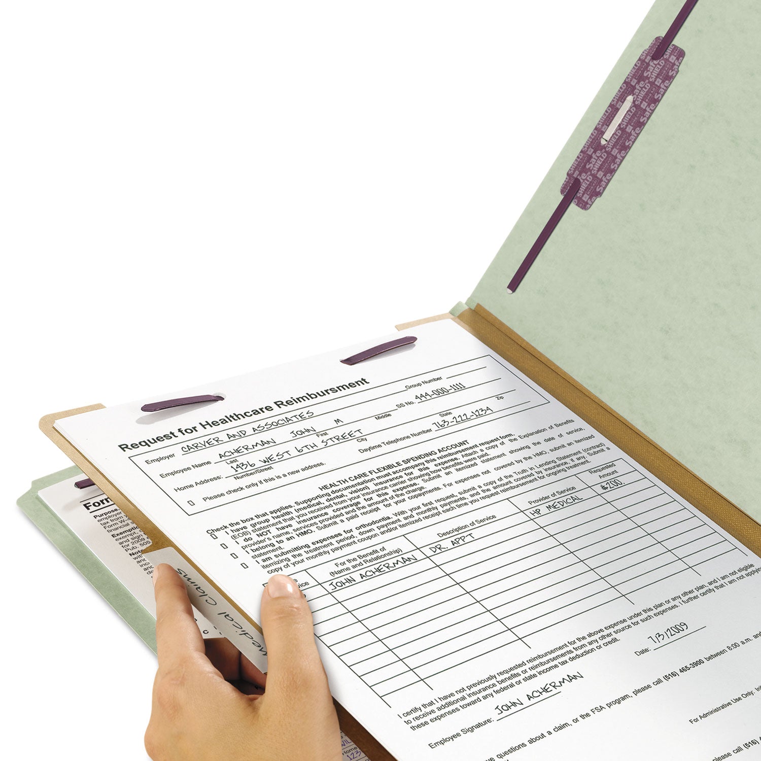 Smead Pressboard Classification Folders, Four SafeSHIELD Fasteners, 2/5-Cut Tabs, 1 Divider, Legal Size, Gray-Green, 10/Box (18776)