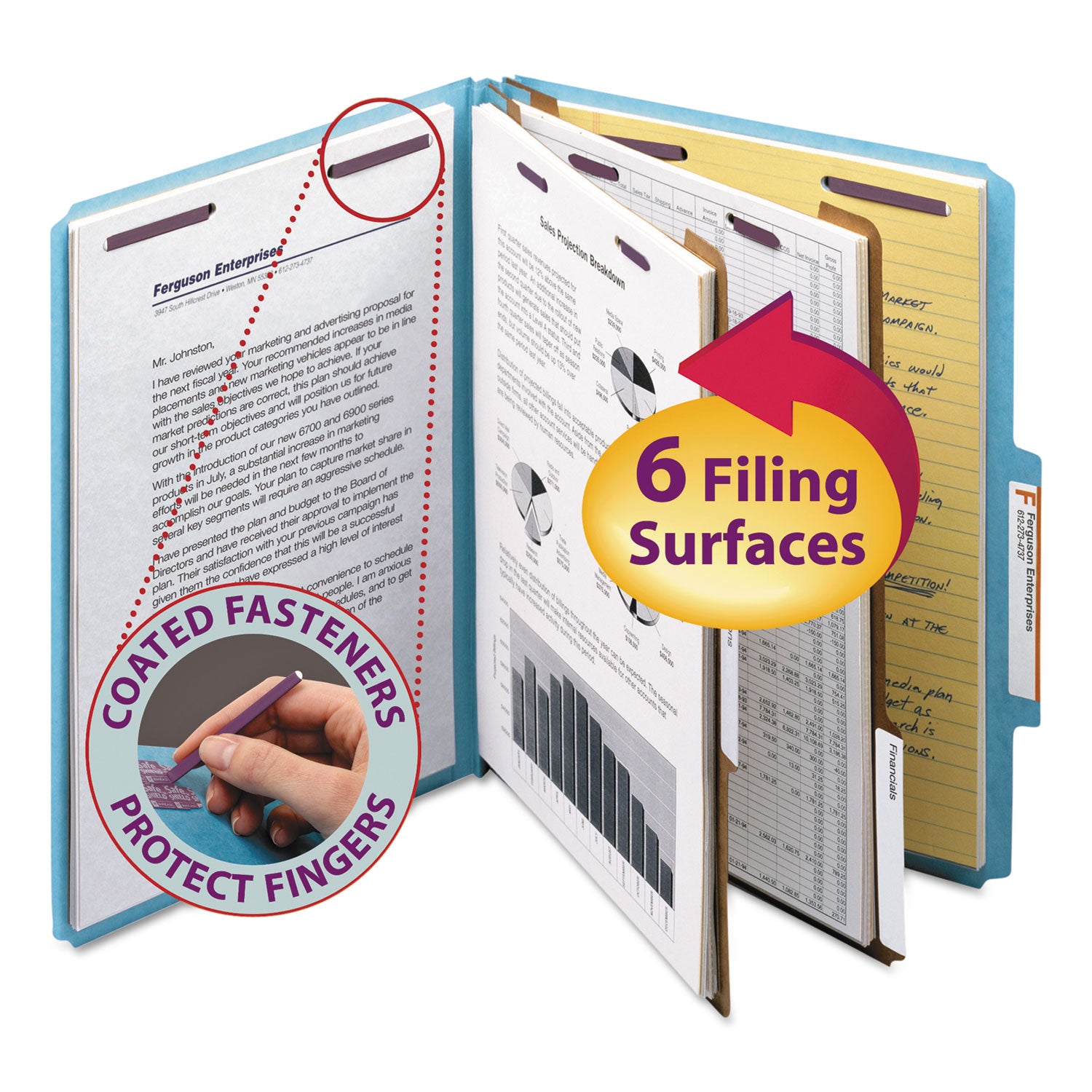Smead Six-Section Pressboard Top Tab Classification Folders, Six SafeSHIELD Fasteners, 2 Dividers, Letter Size, Blue, 10/Box (14030)