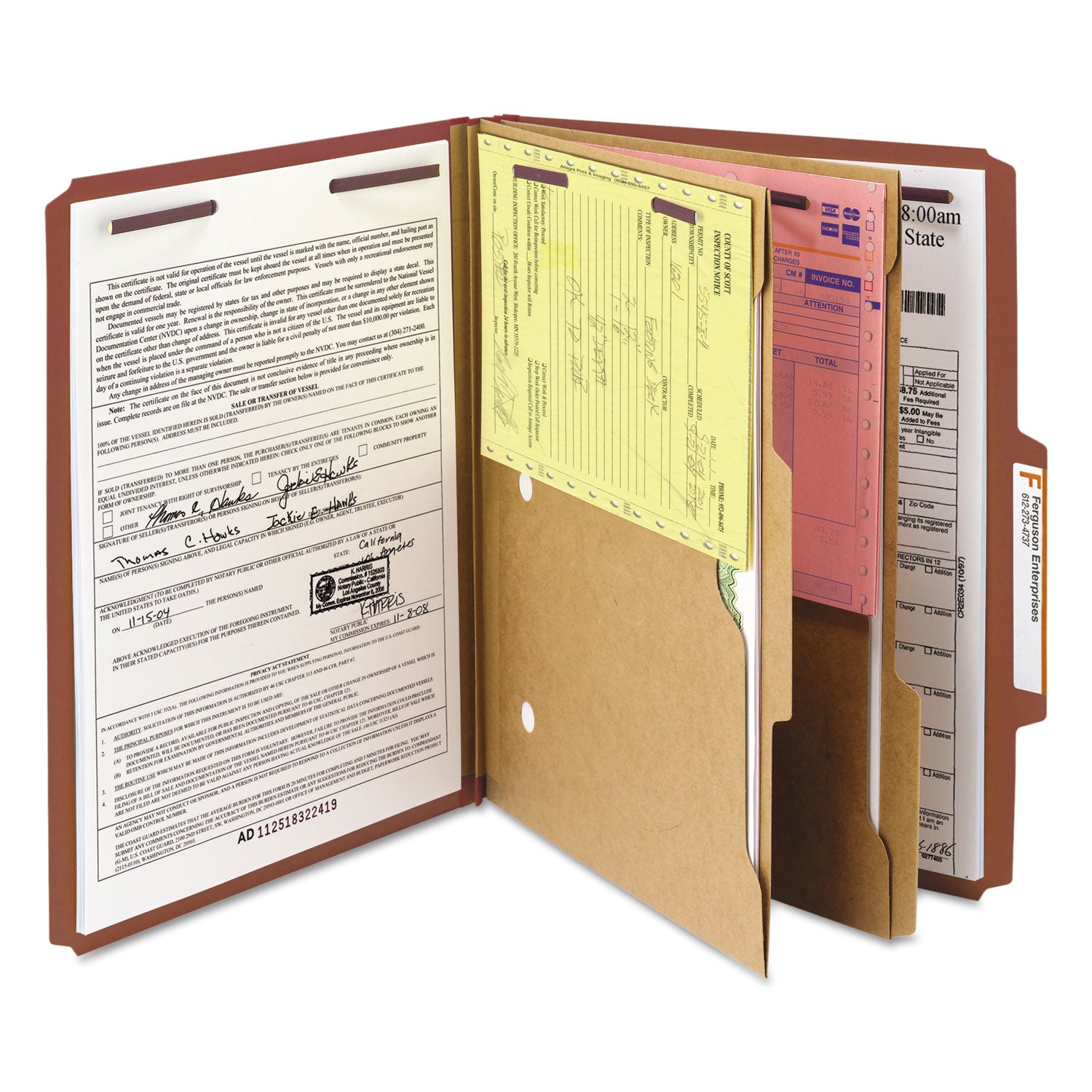 Smead 6-Section Pressboard Top Tab Pocket Classification Folders, 6 SafeSHIELD Fasteners, 2 Dividers, Letter Size, Red, 10/Box (14079)