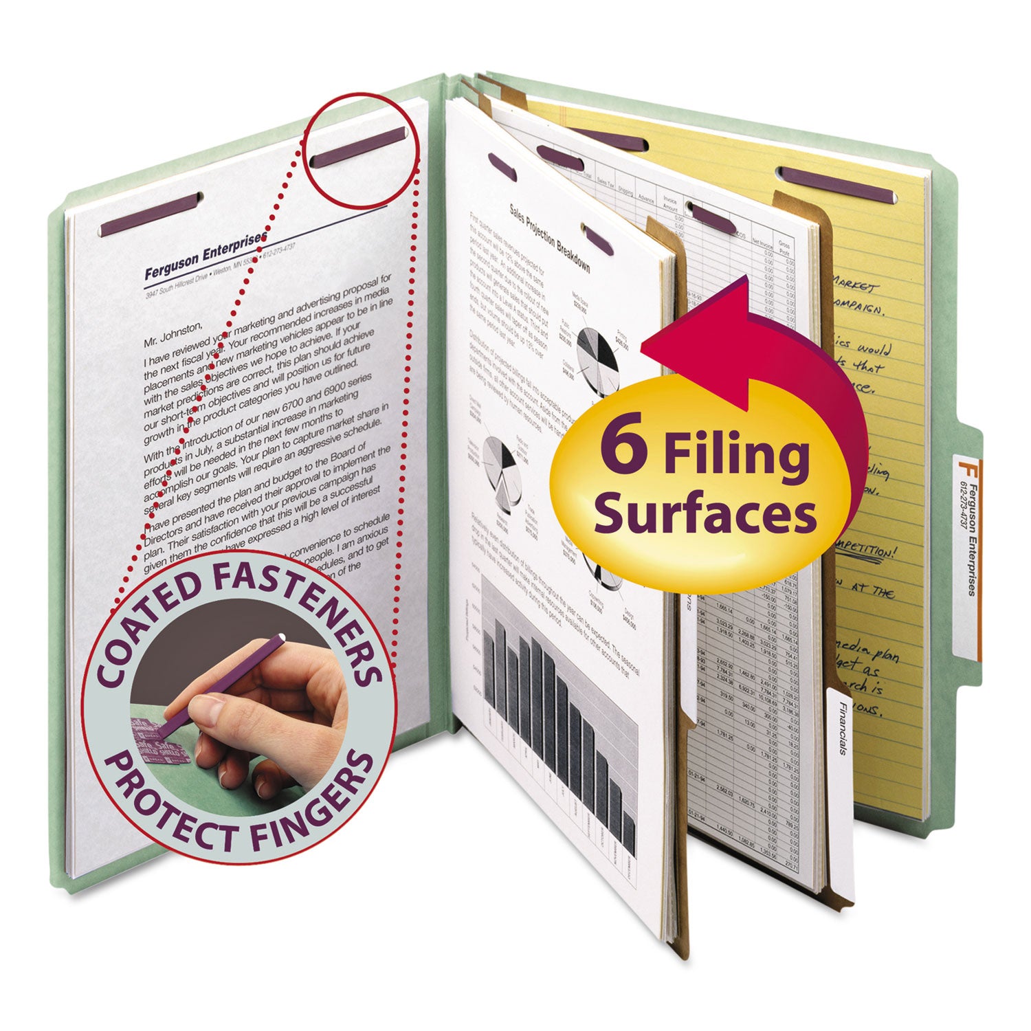 Smead Pressboard Classification Folders, Six SafeSHIELD Fasteners, 2/5-Cut Tabs, 2 Dividers, Letter Size, Gray-Green, 10/Box (14076)