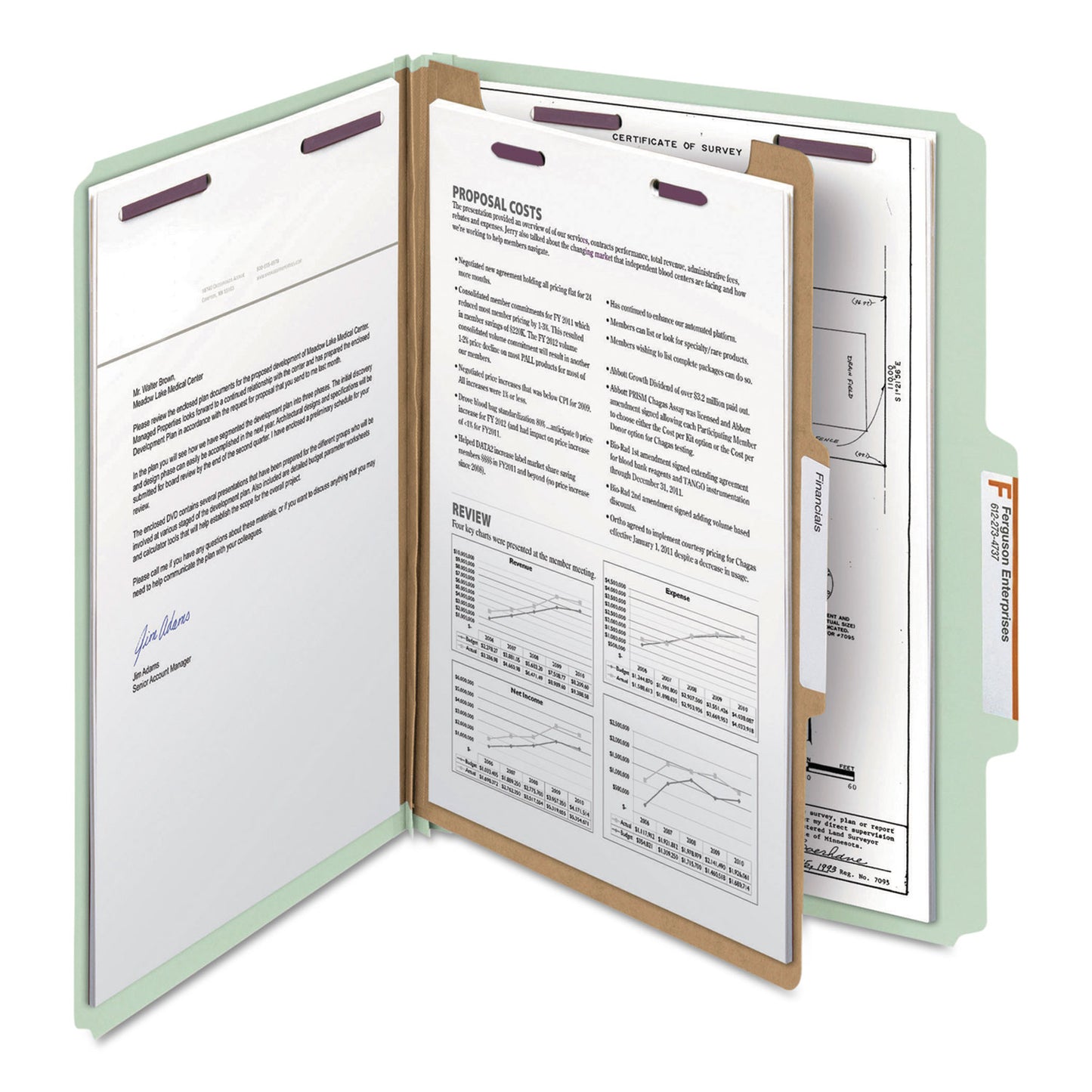 Smead Pressboard Classification Folders, Four SafeSHIELD Fasteners, 2/5-Cut Tabs, 1 Divider, Letter Size, Gray-Green, 10/Box (13776)