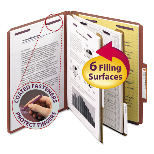 Smead Pressboard Classification Folders, Six SafeSHIELD Fasteners, 2/5-Cut Tabs, 2 Dividers, Letter Size, Red, 10/Box (14075)