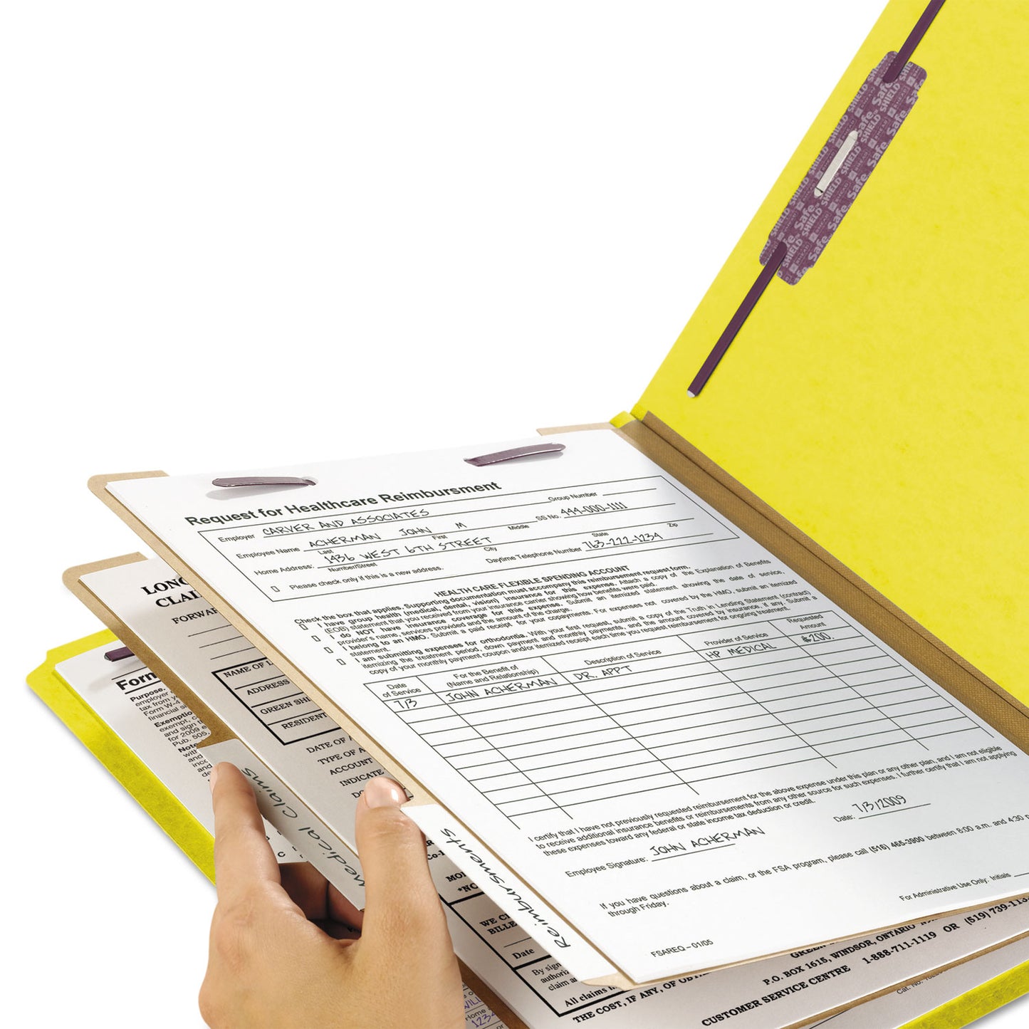 Smead Six-Section Pressboard Top Tab Classification Folders, Six SafeSHIELD Fasteners, 2 Dividers, Letter Size, Yellow, 10/Box (14034)