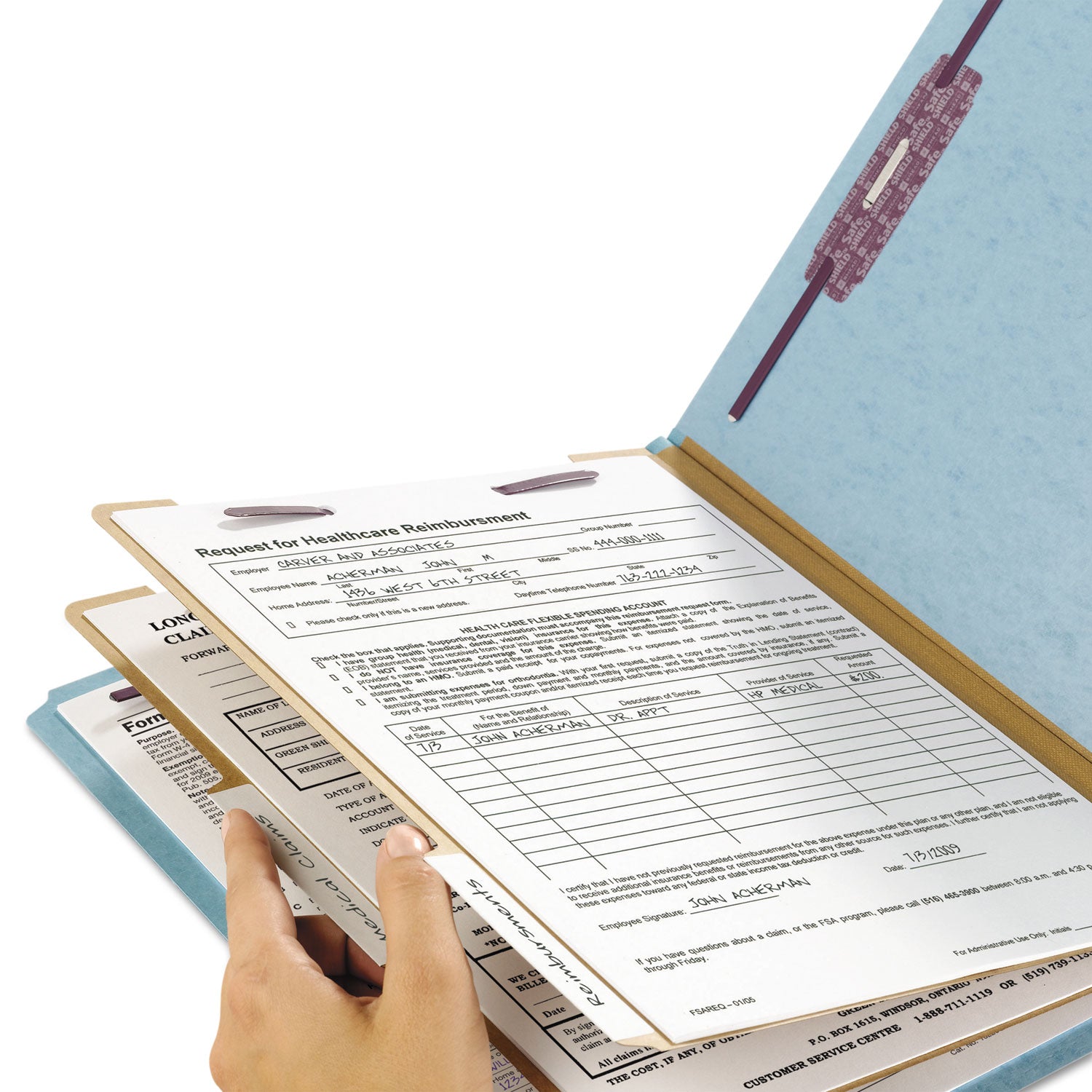 Smead Six-Section Pressboard Top Tab Classification Folders, Six SafeSHIELD Fasteners, 2 Dividers, Legal Size, Blue, 10/Box (19030)
