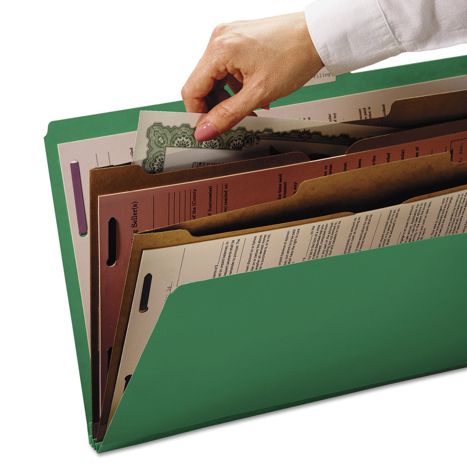 Smead 6-Section Pressboard Top Tab Pocket Classification Folders, 6 SafeSHIELD Fasteners, 2 Dividers, Letter Size, Green, 10/Box (14083)