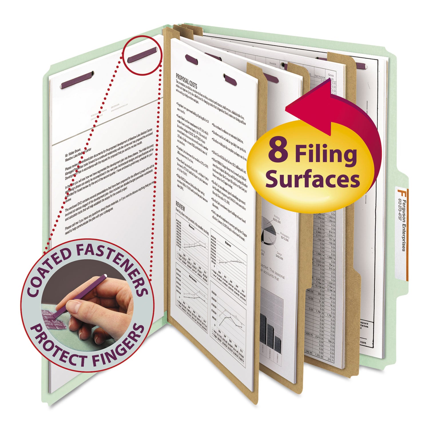Smead Pressboard Classification Folders, Eight SafeSHIELD Fasteners, 2/5-Cut Tabs, 3 Dividers, Letter Size, Gray-Green, 10/Box (14091)