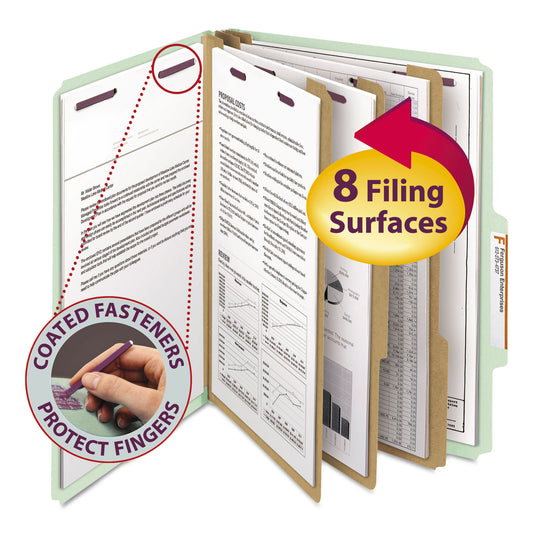 Smead Pressboard Classification Folders, Eight SafeSHIELD Fasteners, 2/5-Cut Tabs, 3 Dividers, Letter Size, Gray-Green, 10/Box (14091)