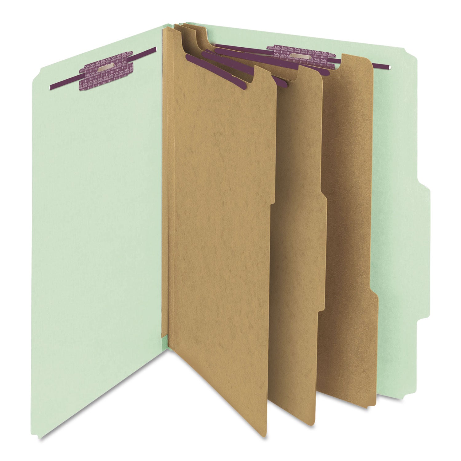 Smead Pressboard Classification Folders, Eight SafeSHIELD Fasteners, 2/5-Cut Tabs, 3 Dividers, Letter Size, Gray-Green, 10/Box (14091)