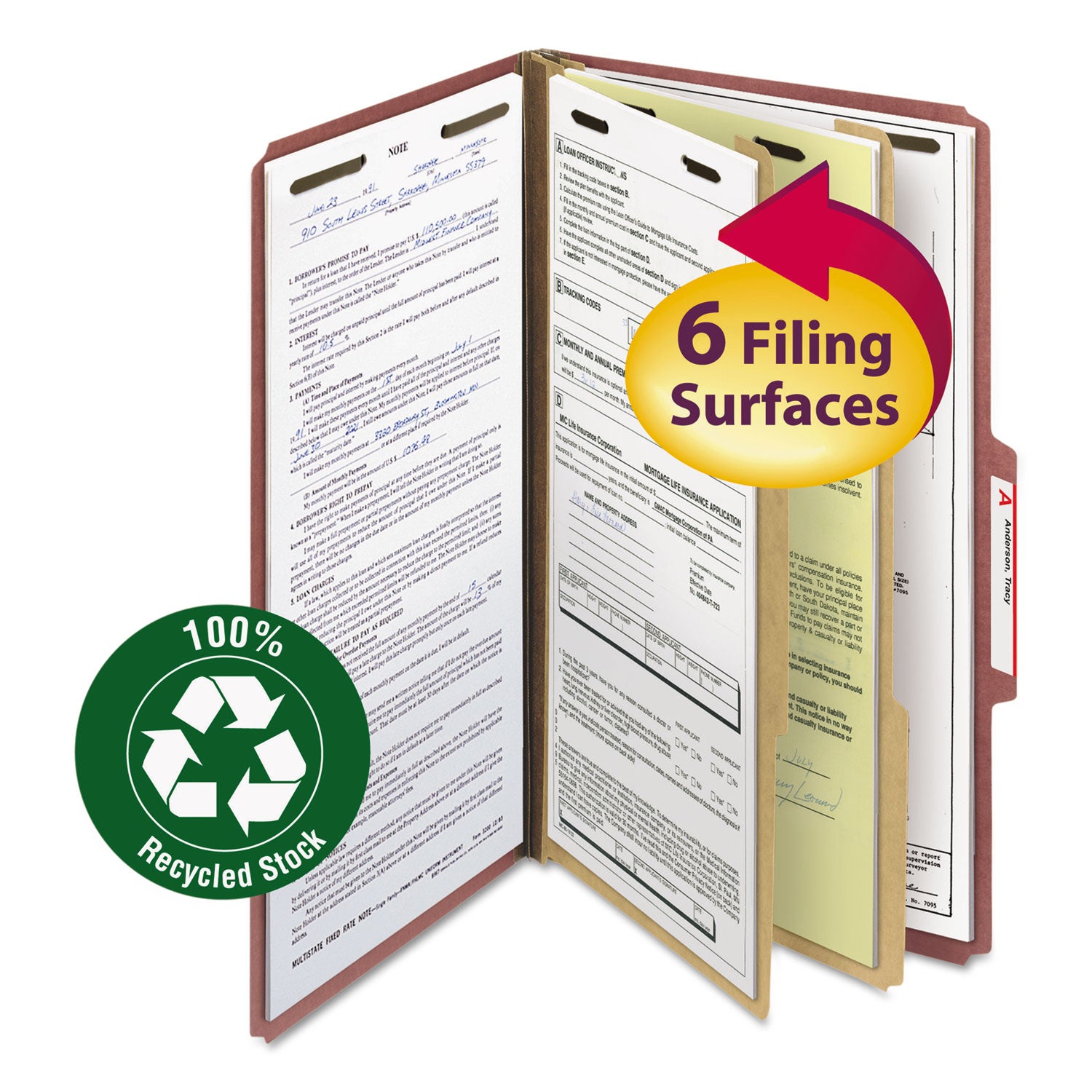 Smead Recycled Pressboard Classification Folders, 2" Expansion, 2 Dividers, 6 Fasteners, Legal Size, Red Exterior, 10/Box (19023)